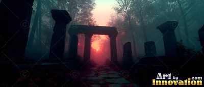 Standing in red forest mist, weathered stone ruins frame a dim sunset along a quiet path