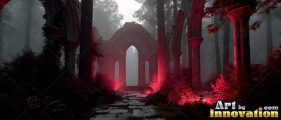 Broken stone ruins in a dark foggy forest lit by bright pale red light