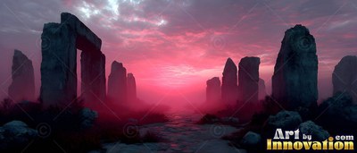 Rough tall stone pillars stand along a dirt path under pink fog and a dark evening sky