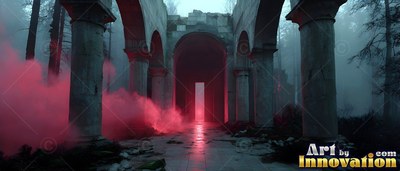 Curved stone arches stand in a foggy forest with pink smoke rolling across the path