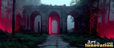Centered stone arches of ruins stand in dark woods with red light inside