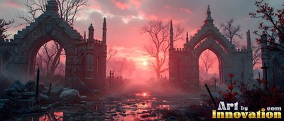 Old tall stone arches frame a muddy road under a pink twilight sky