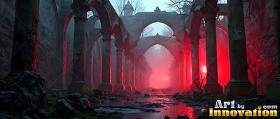 In stone gothic ruins, a muddy path runs between pillars into thick red fog