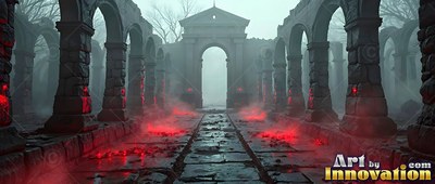 Standing in gray haze, dark stone arches line a cobblestone path with red smoke
