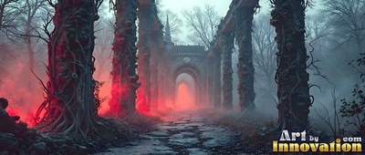 Gothic broken stone ruins along a path covered in red mist