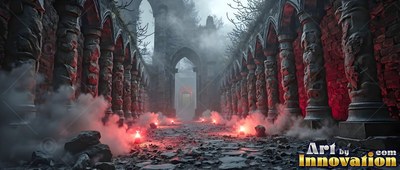 Carved heavy stone pillars line a ruined gothic hall filled with smoke and red lanterns