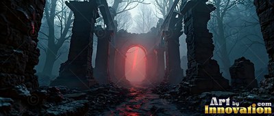 Crumbling stone pillars stand in a dark forest, where red light shines through a foggy arch