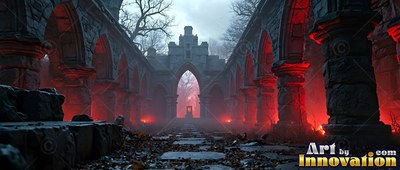 Straight view down weathered stone ruins of a gothic hallway with red illumination along the floor