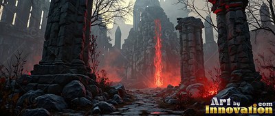 Ruined heavy stone pillars stand along a dark path leading to red fire in the fog