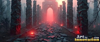 In foggy ruins, tall stone pillars flank a rocky path leading to an archway in red light
