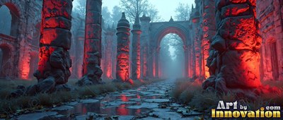 Rising from a wet stone path, broken gothic pillars shine with red light in blue fog