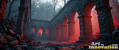 Old stone arches of a dark ruin in red fog and twilight