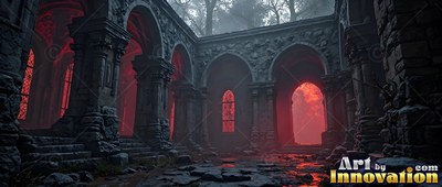 Crumbling old stone pillars line a dark gothic courtyard filled with thick red mist at dusk