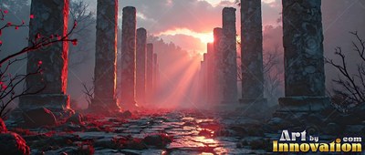 Old stone pillars line a stone path as bright red sunset beams cut through mist