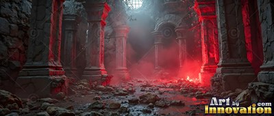 Viewed from a low angle inside crumbling stone ruins filled with thick hazy red mist
