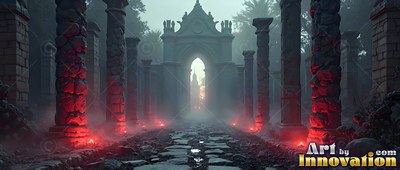 A foggy stone path leads past dark pillars lit with red illumination to an old archway
