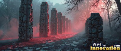 In a foggy forest path, tall stone pillars stand along bright red light