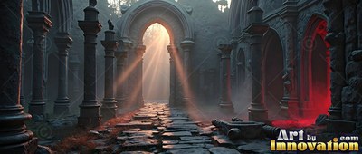 Passing under gray stone arches, sunlight shines on a ruined path with heavy red fog