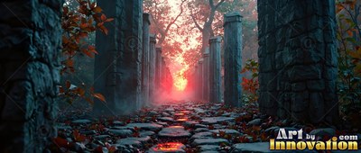 Tall stone pillars line a cobbled path under red twilight mist