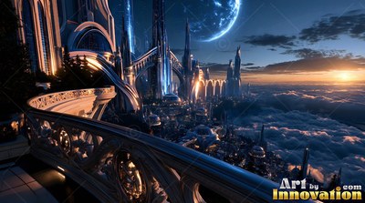 On a high curved balcony, tall pale spires overlook clouds at sunset