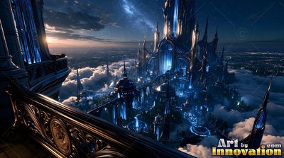 Facing outward from a balcony, a blue city with tall spires rises through bright white clouds at night