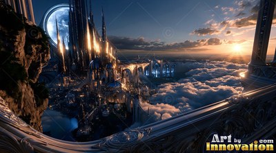 Balcony view of a fantasy city with tall spires in clouds at dusk