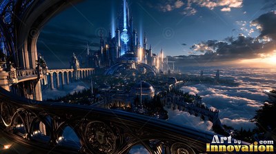 Tall spires shining with blue light rise from a fantasy city seen from a carved stone balcony above sunset clouds