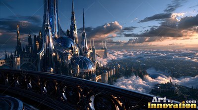 A curved balcony gives a view of tall silver spires rising above bright white clouds into warm sunset light