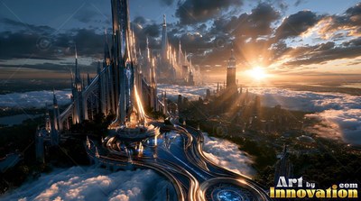 Seen from high above, silver spires rise over clouds at sunset