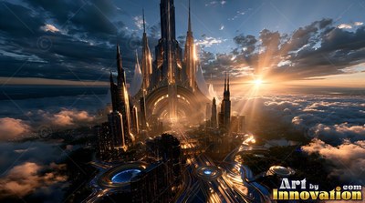 A futuristic golden city rises above thick white clouds in the bright sunset light