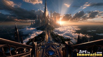 On a high balcony, tall spires rise above drifting white clouds during sunset