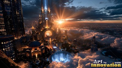 Rising above thick clouds in the evening sun, a tall golden palace catches the bright sun