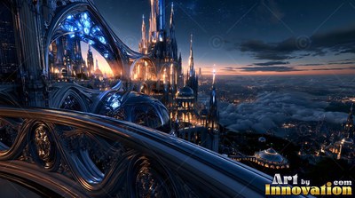 Carved balcony overlooking lighted spires above evening clouds