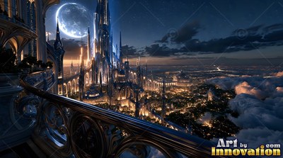 Carved stone railing of a balcony looking out on a city of spires beneath a crescent moon