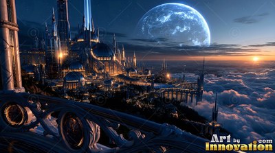 A carved stone balcony looks over a cloud city toward a blue planet under orange sunset light