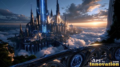 Facing outward from a dark stone balcony over a blue castle rising over clouds at sunset