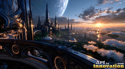 Dark carved stone balcony facing outward on a spired city and a distant sunset