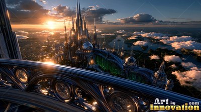 From a curved metal balcony, a tall city of spires rises at sunset above clouds