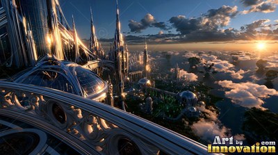 Curving over the sunset clouds, a white stone balcony opens onto a city of spires
