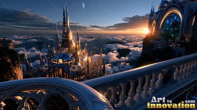Balcony looking over a golden city in clouds in the evening sun