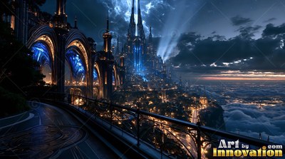 A stone balcony opens onto a city of spires lit by bright blue beams in dark clouds