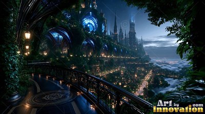 Curving along a dark stone terrace beside a fantasy city at night