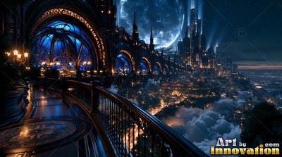 A curved balcony looks out on a dark city with bright blue arches under the moon
