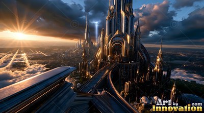 On a high balcony higher than clouds, tall golden towers rise into the sunset sky