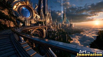 Curving over high clouds, a wide metal balcony looks down on a golden spire city at sunset