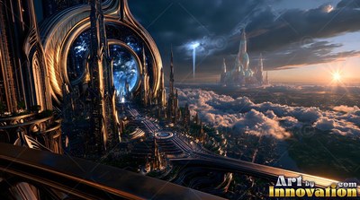Curved gold railings beside high spires, overlooking a fantasy city over top of clouds at sunset