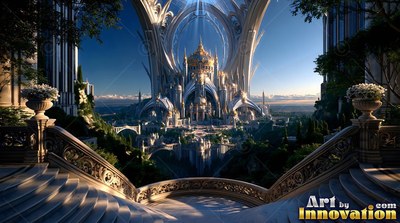 Arched stone stairs descend toward a white palace under bright sunlight
