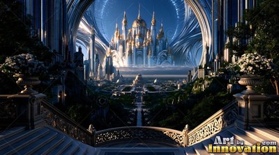 Seen from stone stairs toward a white palace with golden domes in sunlight