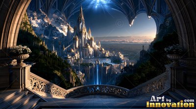 From an arched carved stone balcony, a white mountain castle stands above a waterfall valley