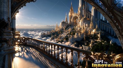 Overlooking bright white clouds, a curved stone balcony faces golden palace towers